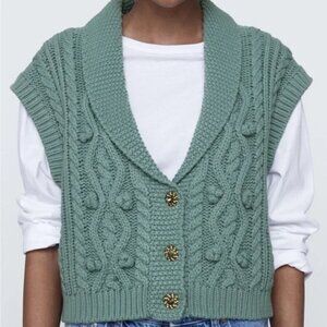 Zara Sage Green Cable Knit Vest, M-L
